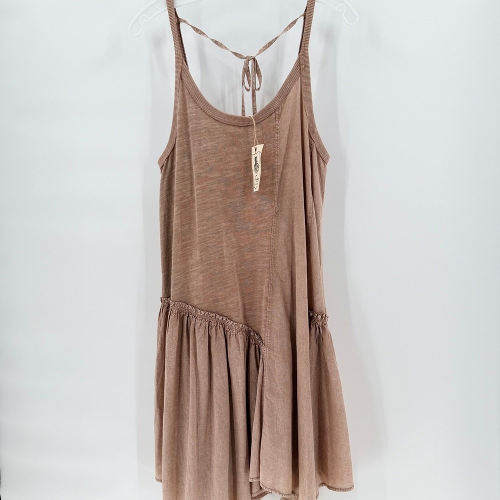 EASEL Mineral Wash Asymmetrical Ruffle Hem Tank Dress Mocha Brown Boho Swing